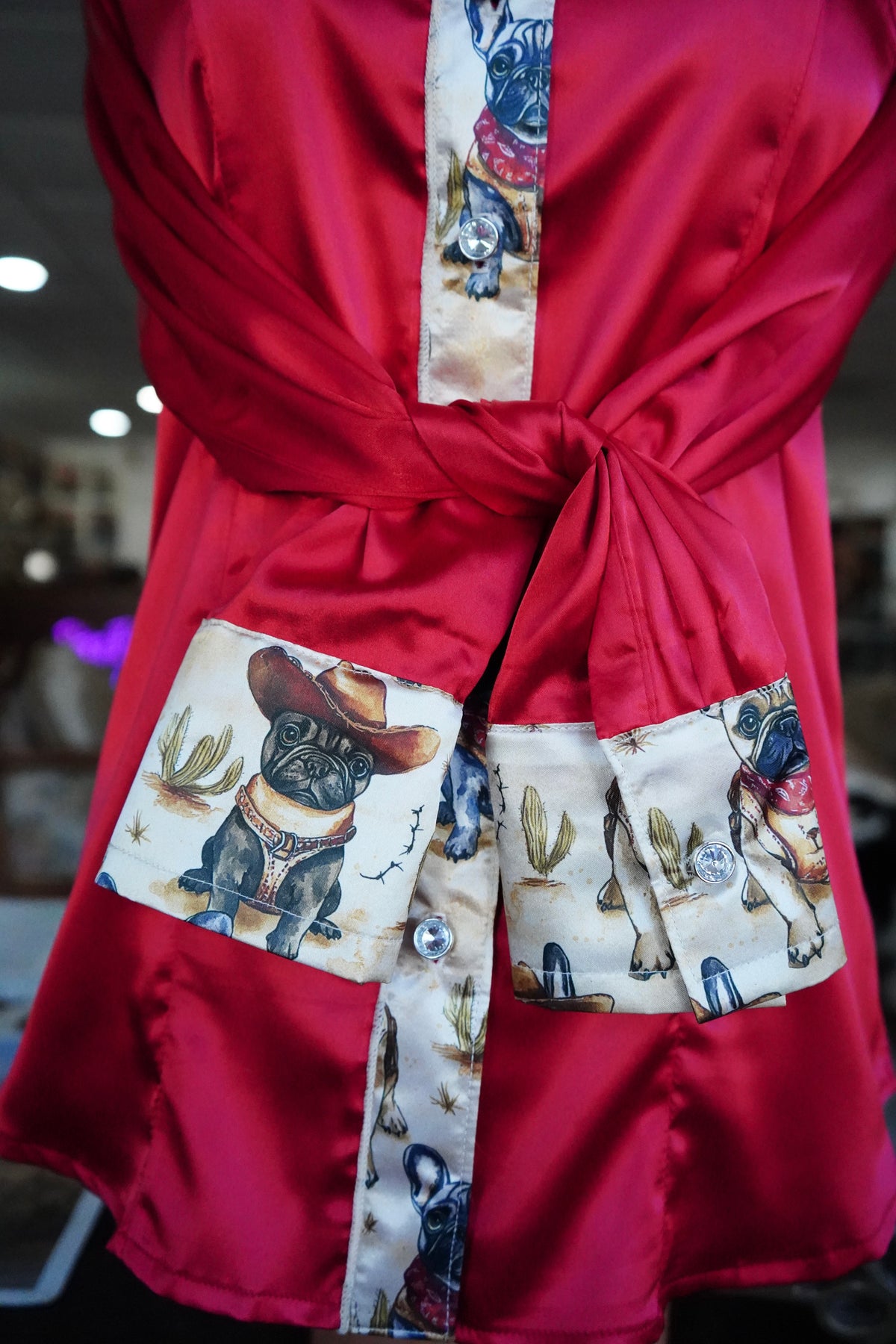 S - Cowboy Frenchies on Red Satin Button Down