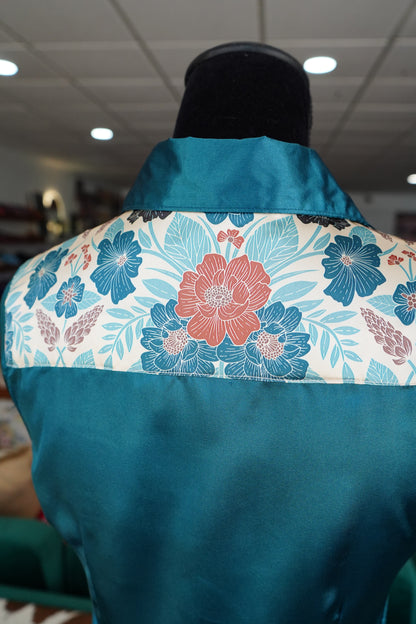 S - Rust & Teal Floral on Teal Satin Button Down