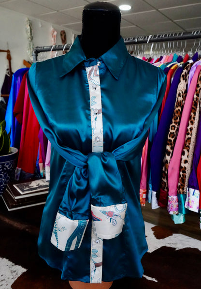 M - Cowboys & Aliens on Teal Satin Button Down
