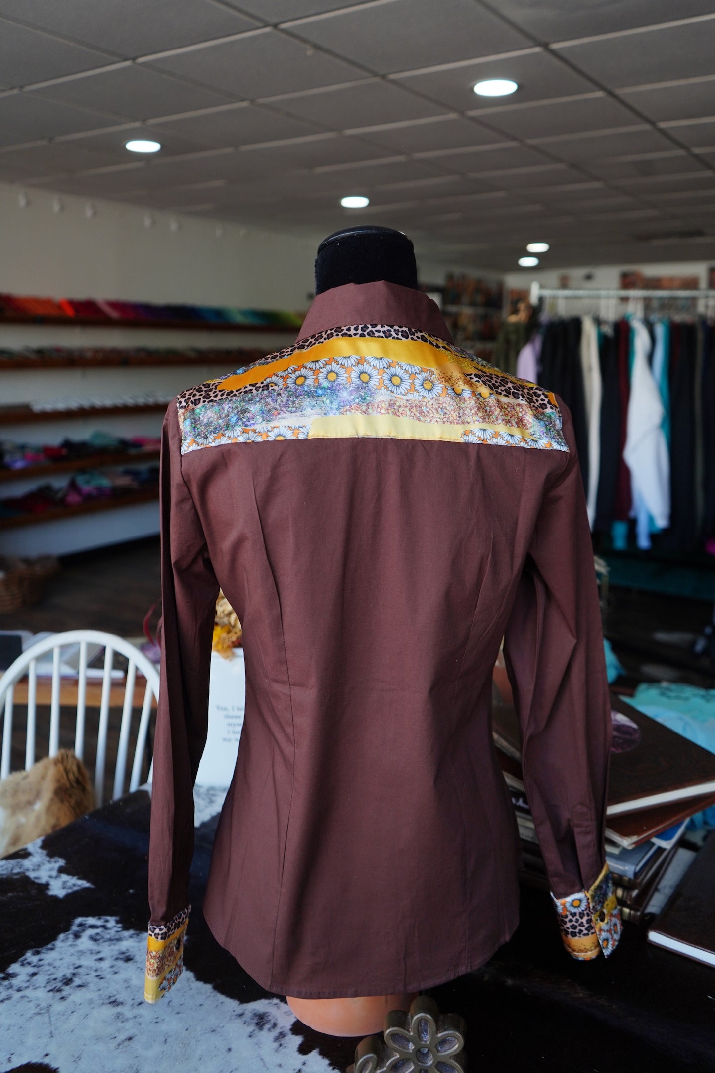 L - Brown Cotton w/ Cheetah Sunflower Stripes Button Down