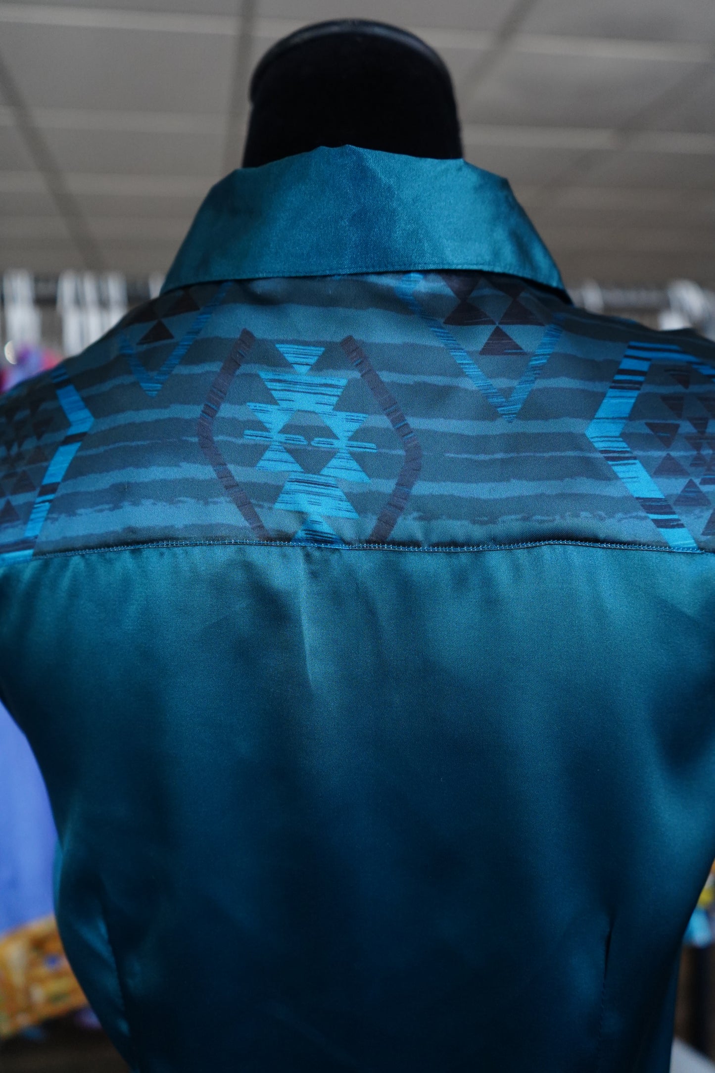 M - Teal Daisy Aztec on Teal Satin Button Down