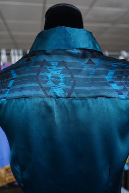 M - Teal Daisy Aztec on Teal Satin Button Down