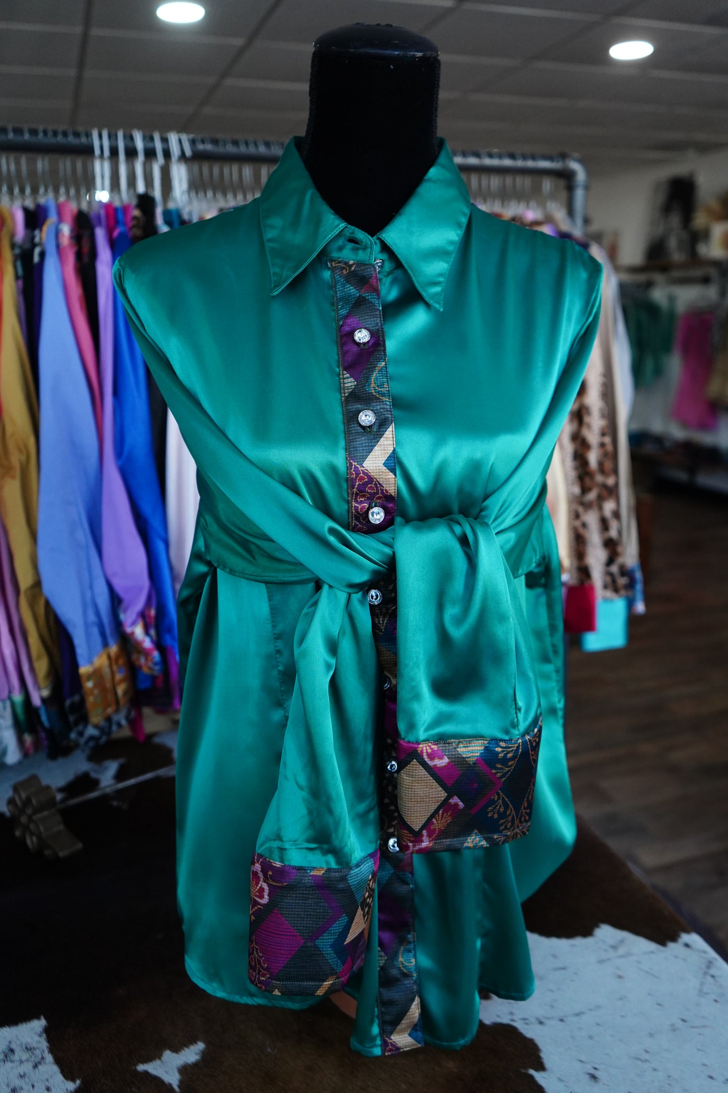 3XL - Magenta & Teal Quilt Tiles on Emerald Satin Button Down