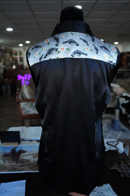 L - Pistols & Daisies on Black Satin Button Down