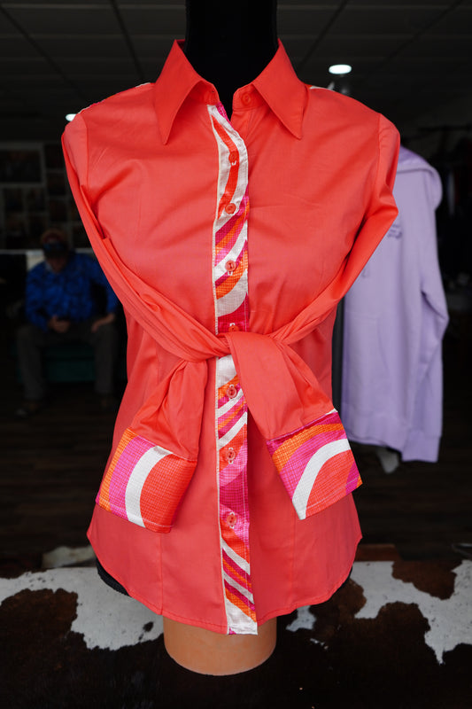 M - Woven 70s Hearts on Hot Coral Cotton Button Down