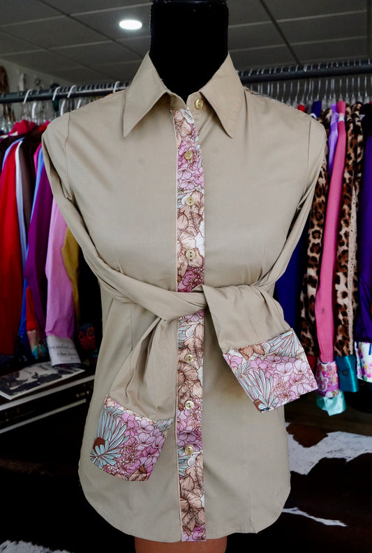 S - Daisy Pastel Floral on Tan Cotton Button Down