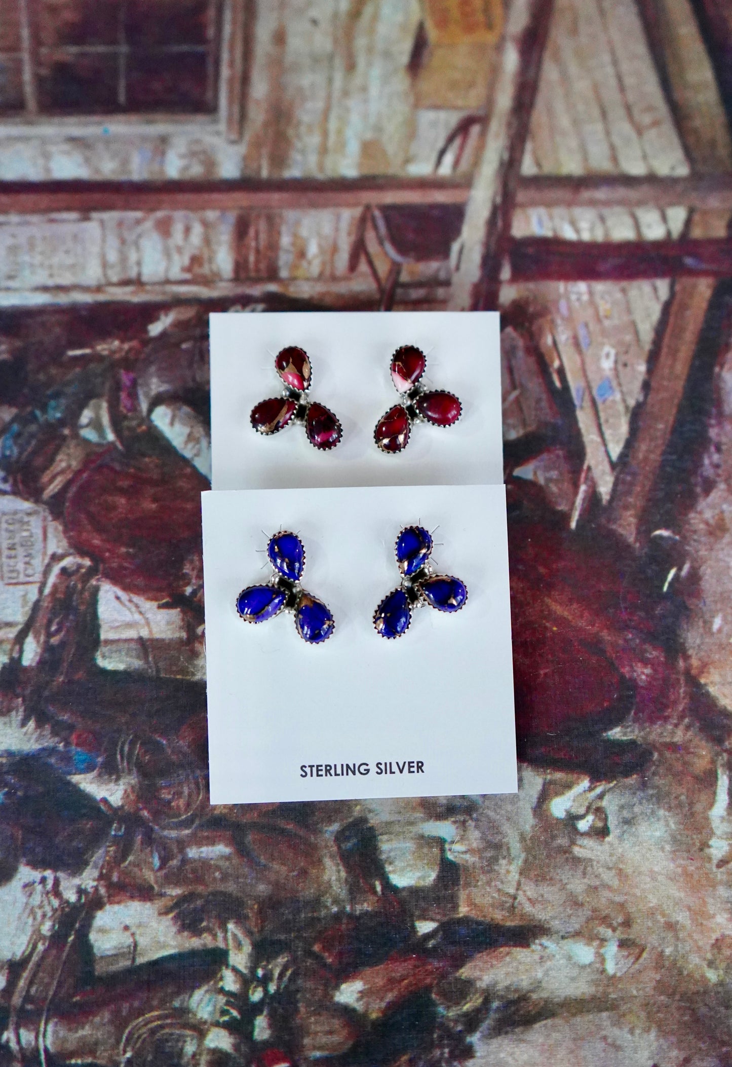 3 Stone Half Cluster Stud Earrings