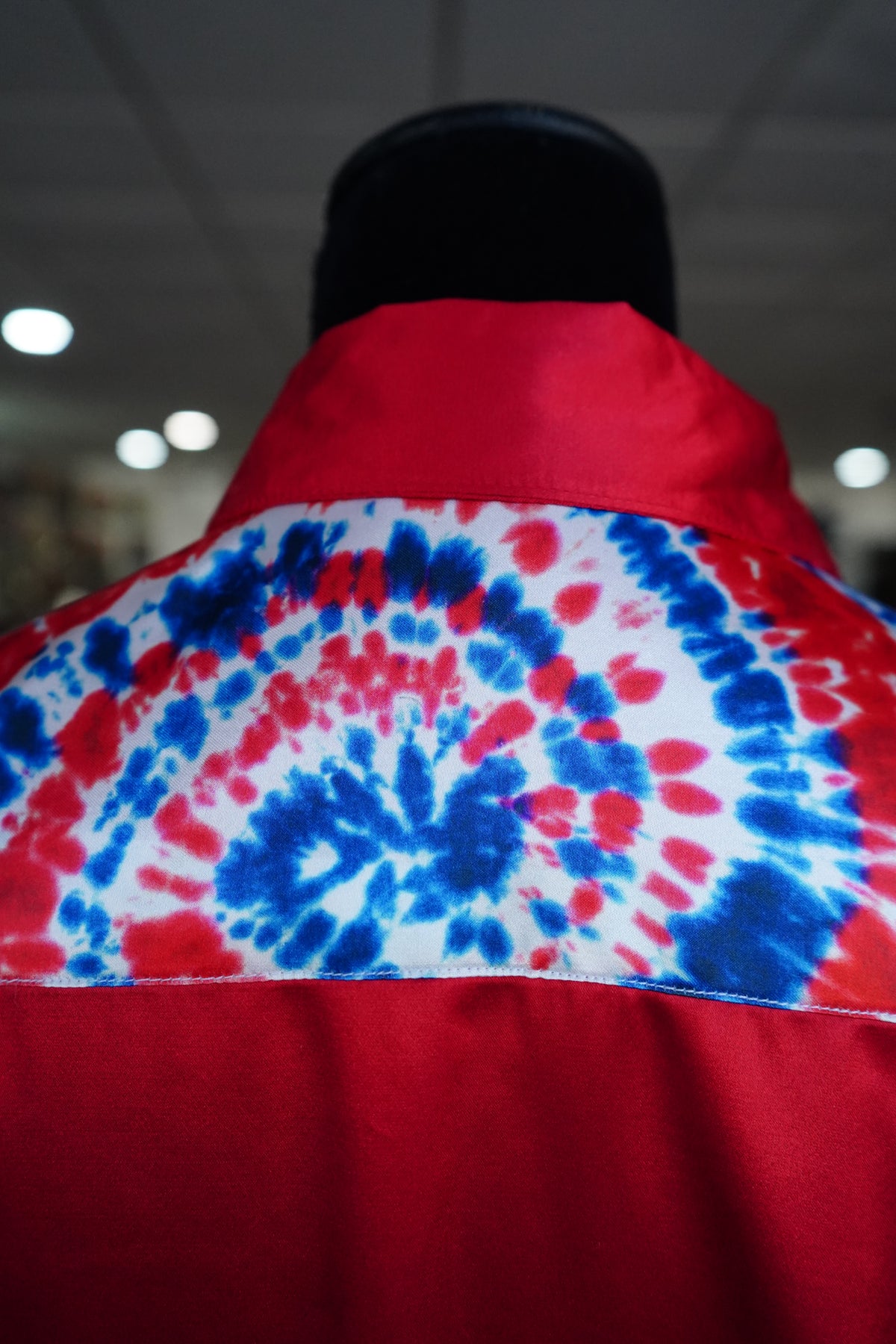 L - Patriotic Tie Dye on Red Satin Button Down