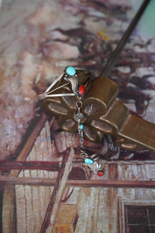 Vintage Turquoise & Red Coral Lariat Cuff - Sz 5.5