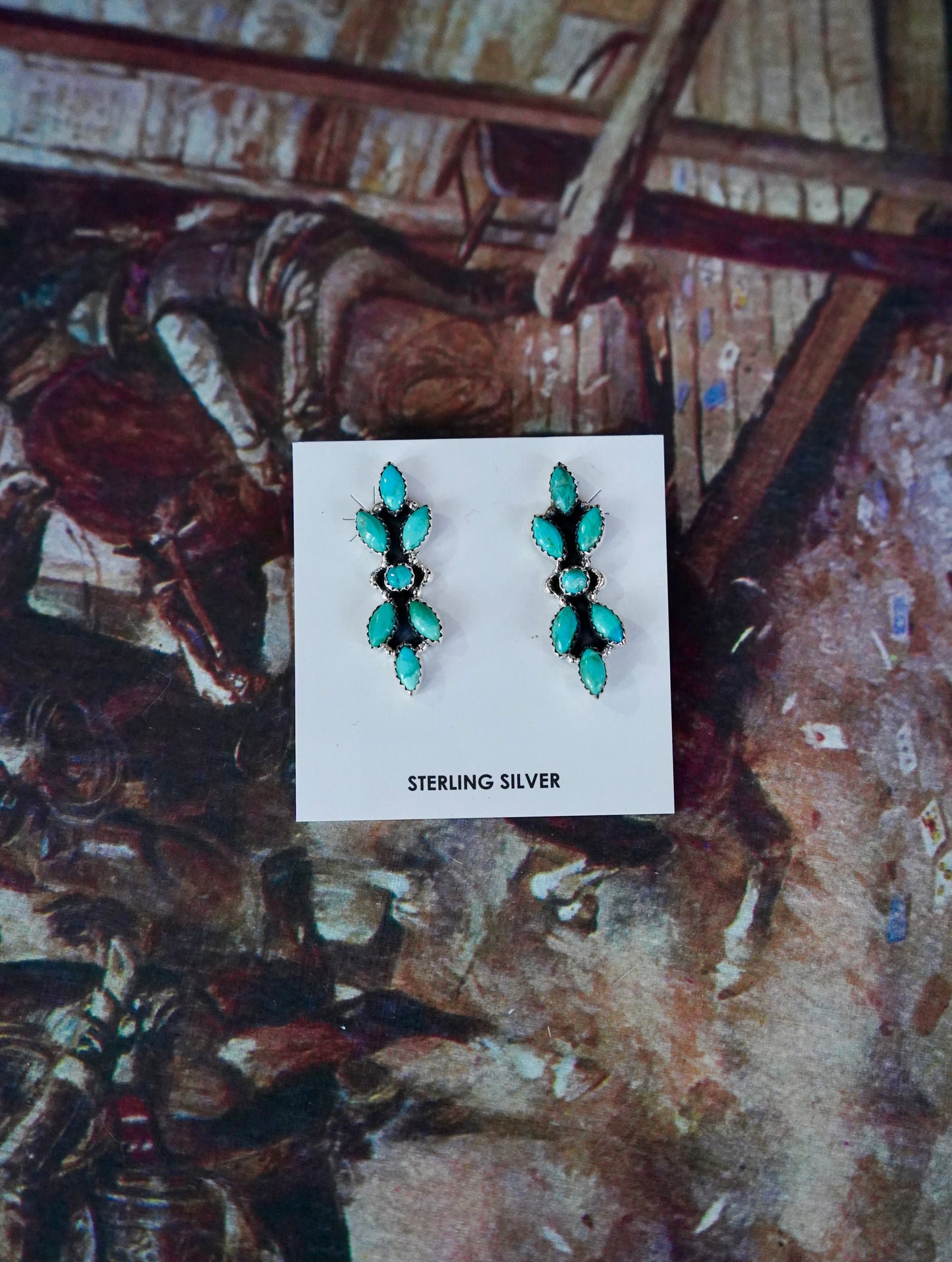 7 Stone Turquoise Vertical Cluster Stud Earrings