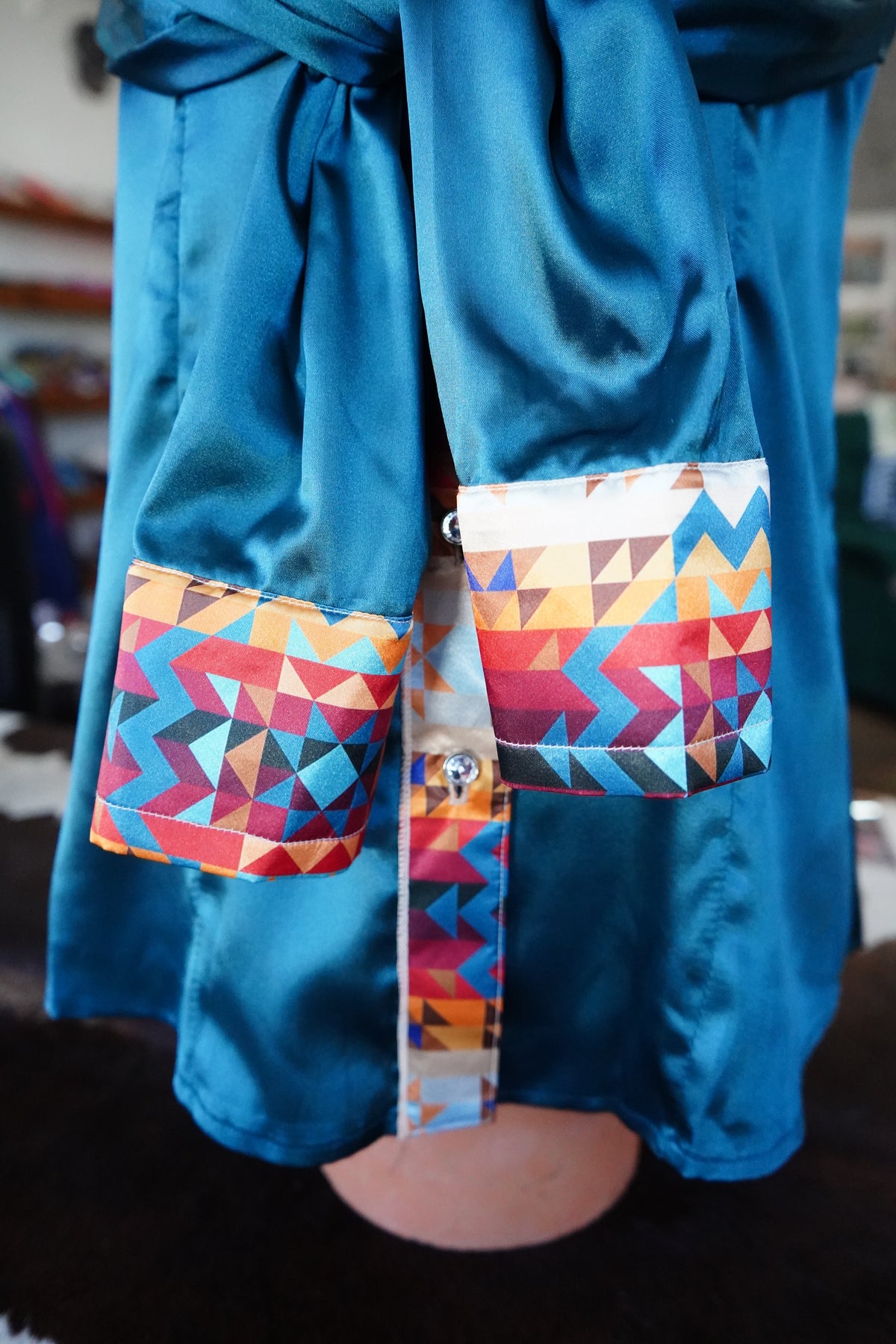 L - Sunrise Aztec on Teal Satin Button Down