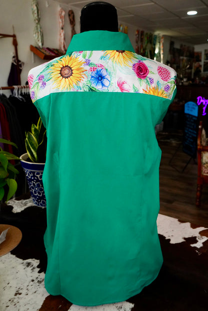 3XL - Sunflowers & Wildflowers on Kelly Green Cotton Button Down
