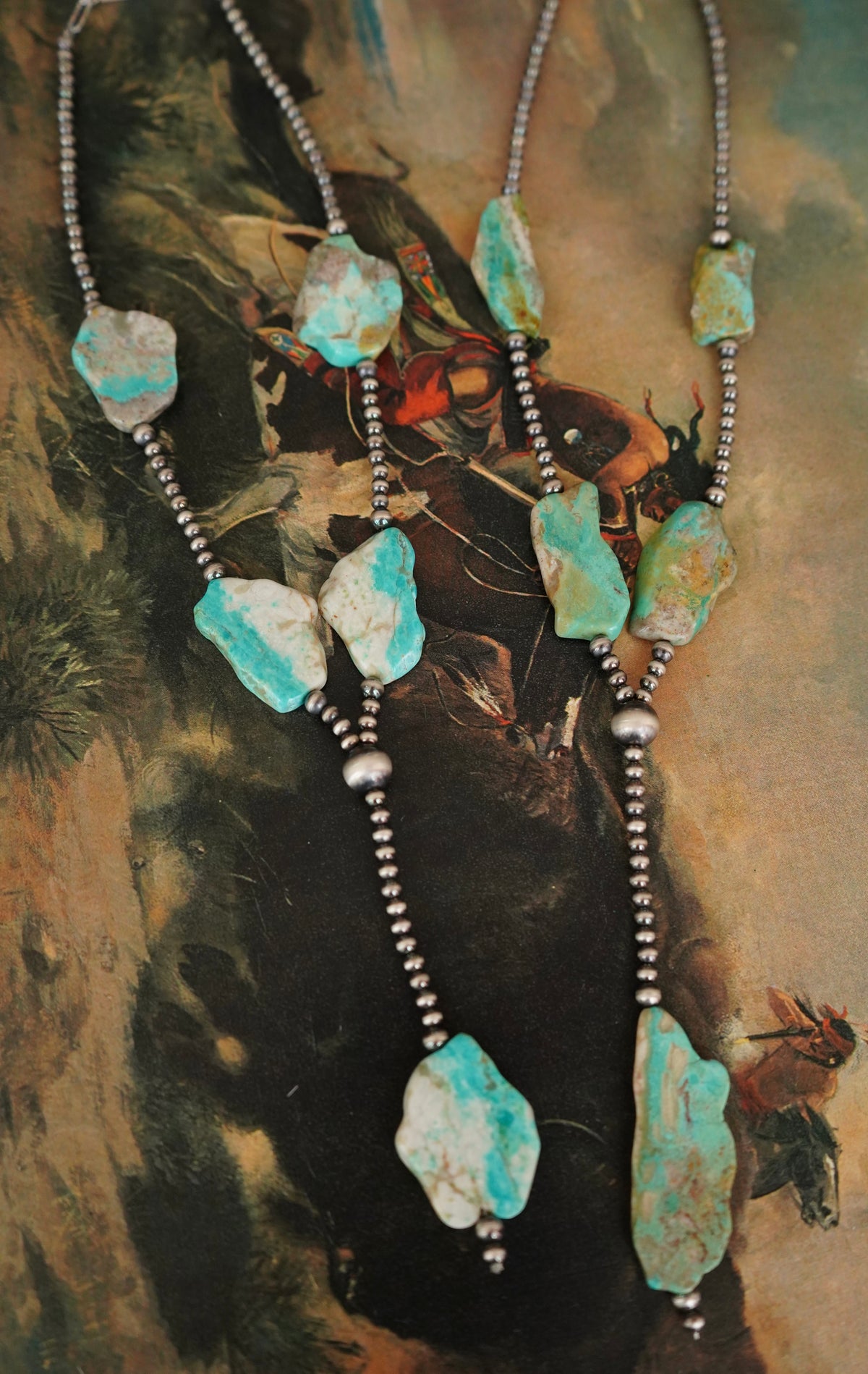 Sterling Silver Pearls & Turquoise Slab Lariat Necklaces