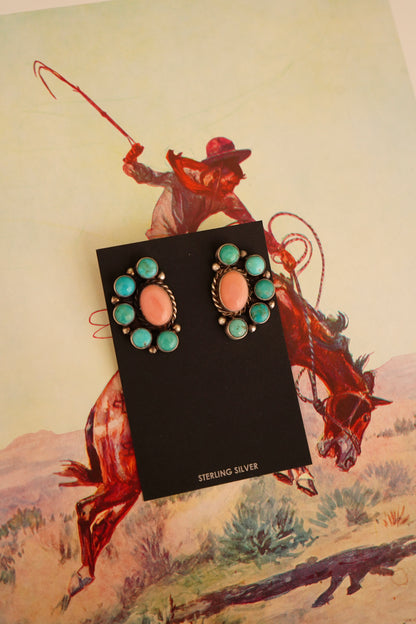 Aldora Henry Pink Conch & Turquoise Half Cluster Stud Earrings
