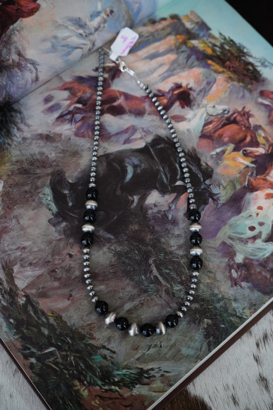 Black Onyx & Sterling Silver Pearls - 18”