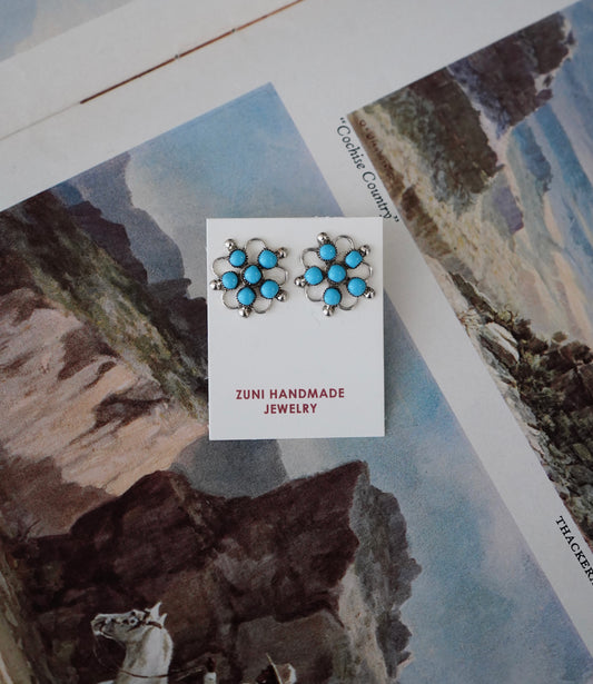 Marlon Quam Zuni Inlay Turquoise Cluster Flower Stud Earrings
