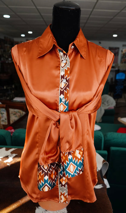 M - Rust Aztec on Rust Satin Button Down