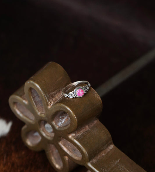 Round Hot Pink Opal w/ Silver Swirls Rings