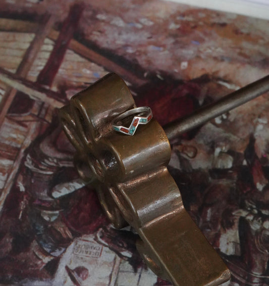 Vintage Red Coral & Turquoise Inlay Zig Zag Ring - Sz 7
