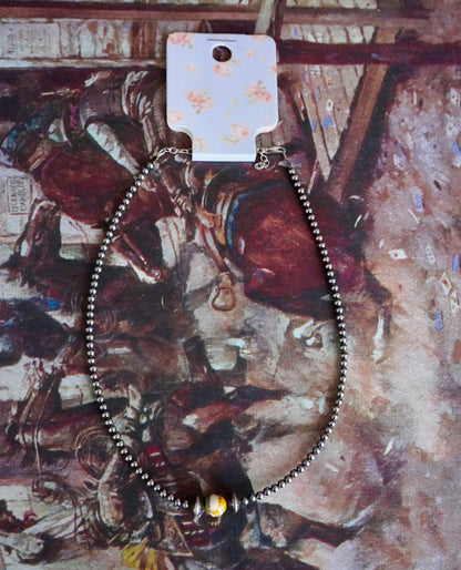 Sterling Silver Pearls w/ Bumblebee Jasper Stone Necklace - 14”