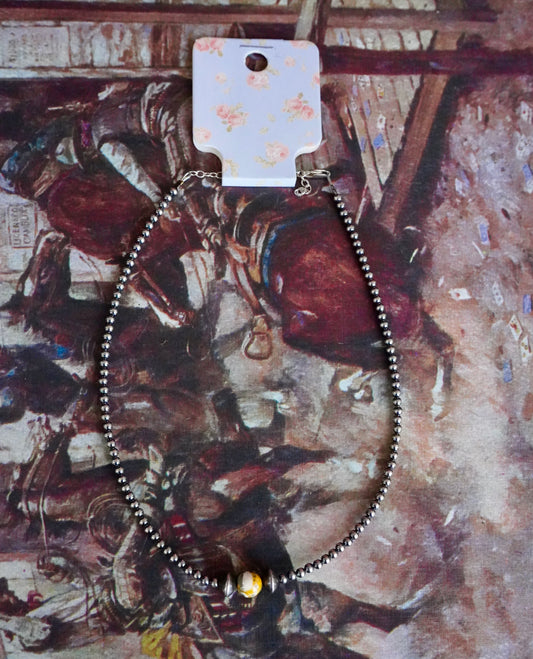 Sterling Silver Pearls w/ Bumblebee Jasper Stone Necklace - 14”