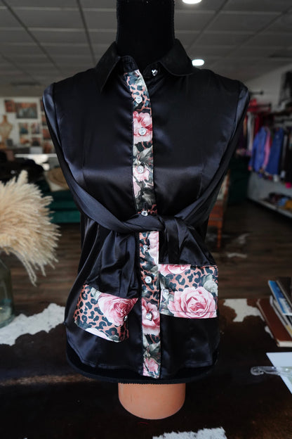 S - Pink Roses & Cheetah on Black Satin Button Down