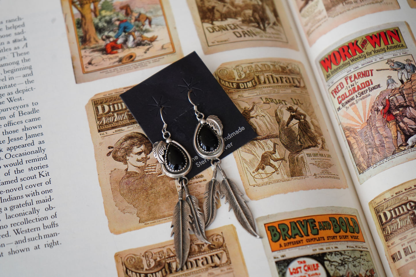 Vintage Black Onyx w/ Silver Dangly Feathers Fish Hook Earrings