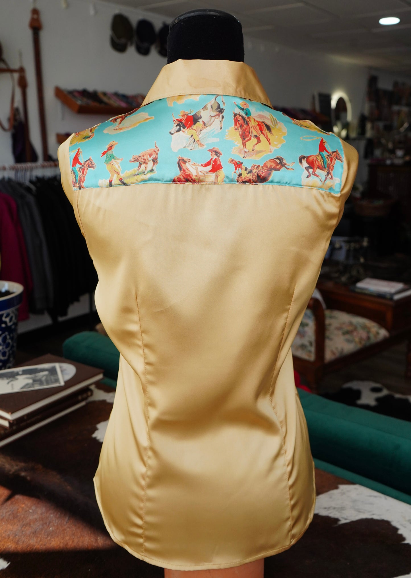 M - Blue Vintage Cowboys on Gold Satin Button Down