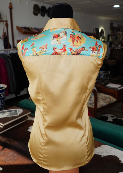 M - Blue Vintage Cowboys on Gold Satin Button Down