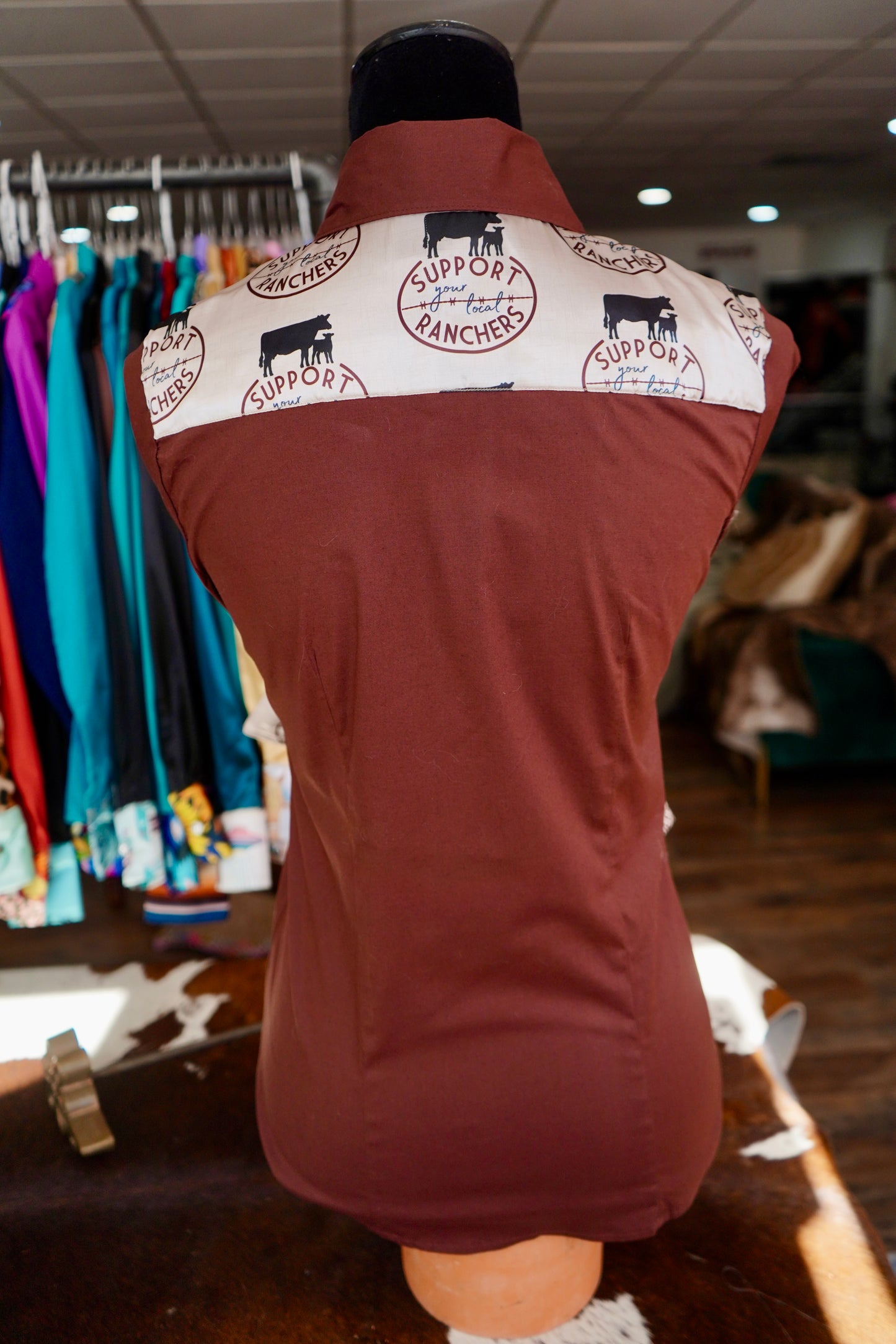 M - Support Your Local Ranchers on Brown Cotton Button Down
