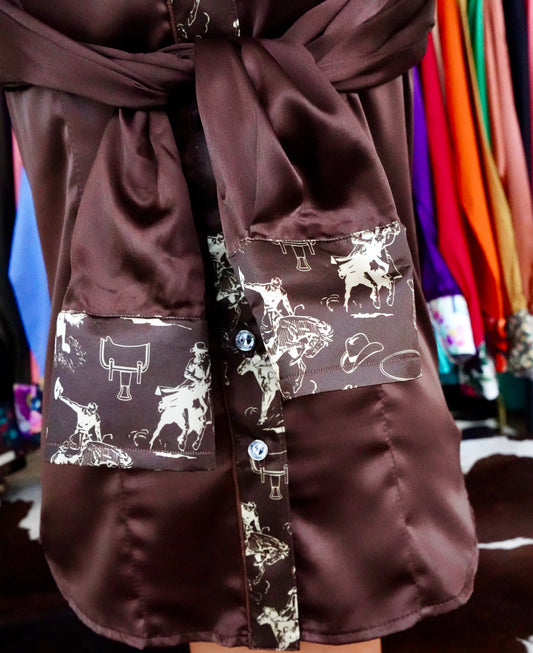 S - Brown Cowboy Sketches on Brown Satin Button Down