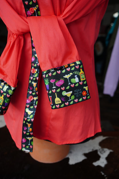 M - Tequila Made Me on Hot Coral Cotton Button Down