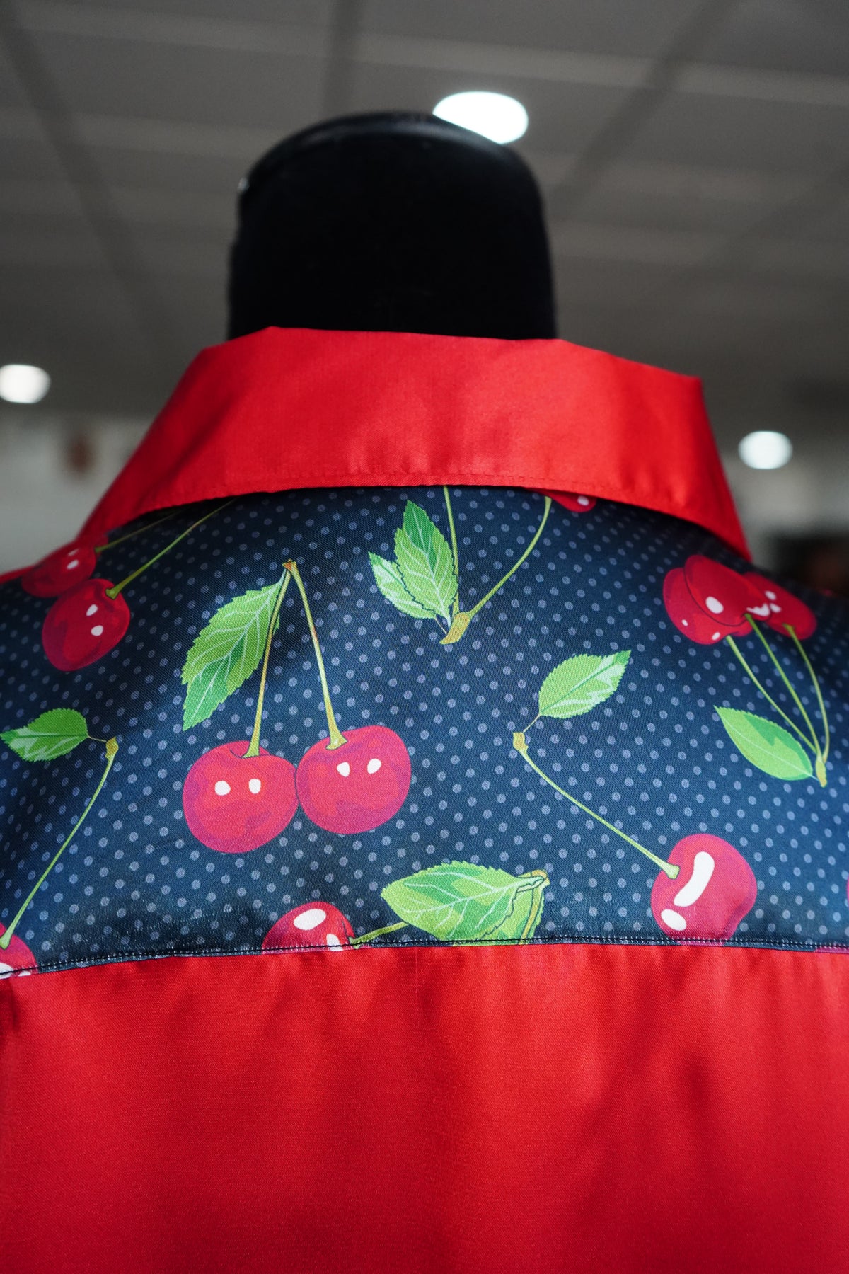 L - Polka Dot Cherries on Red Satin Button Down