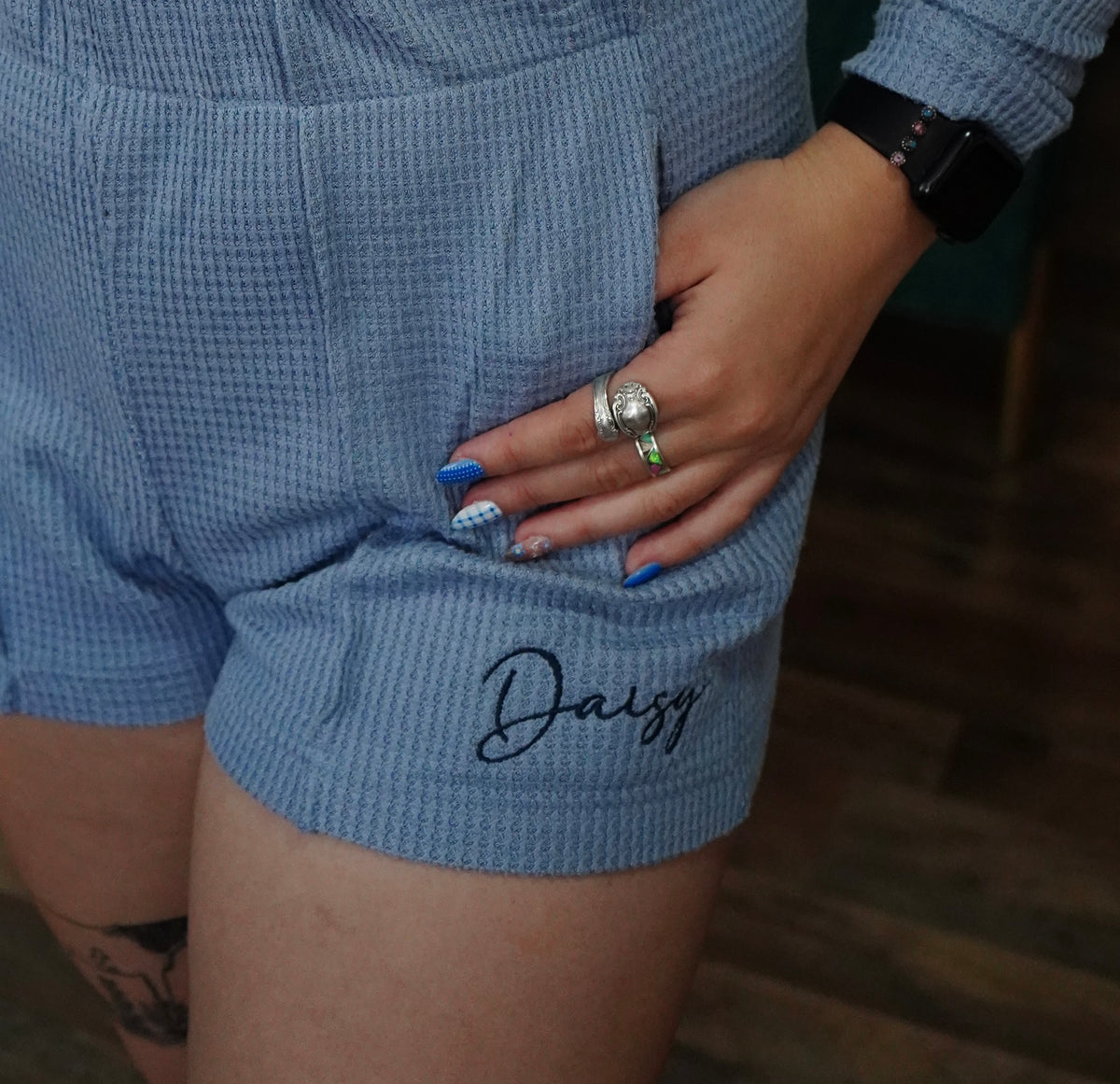 Cowgirls Cry & Daisy Script Blue Waffle Knit Set