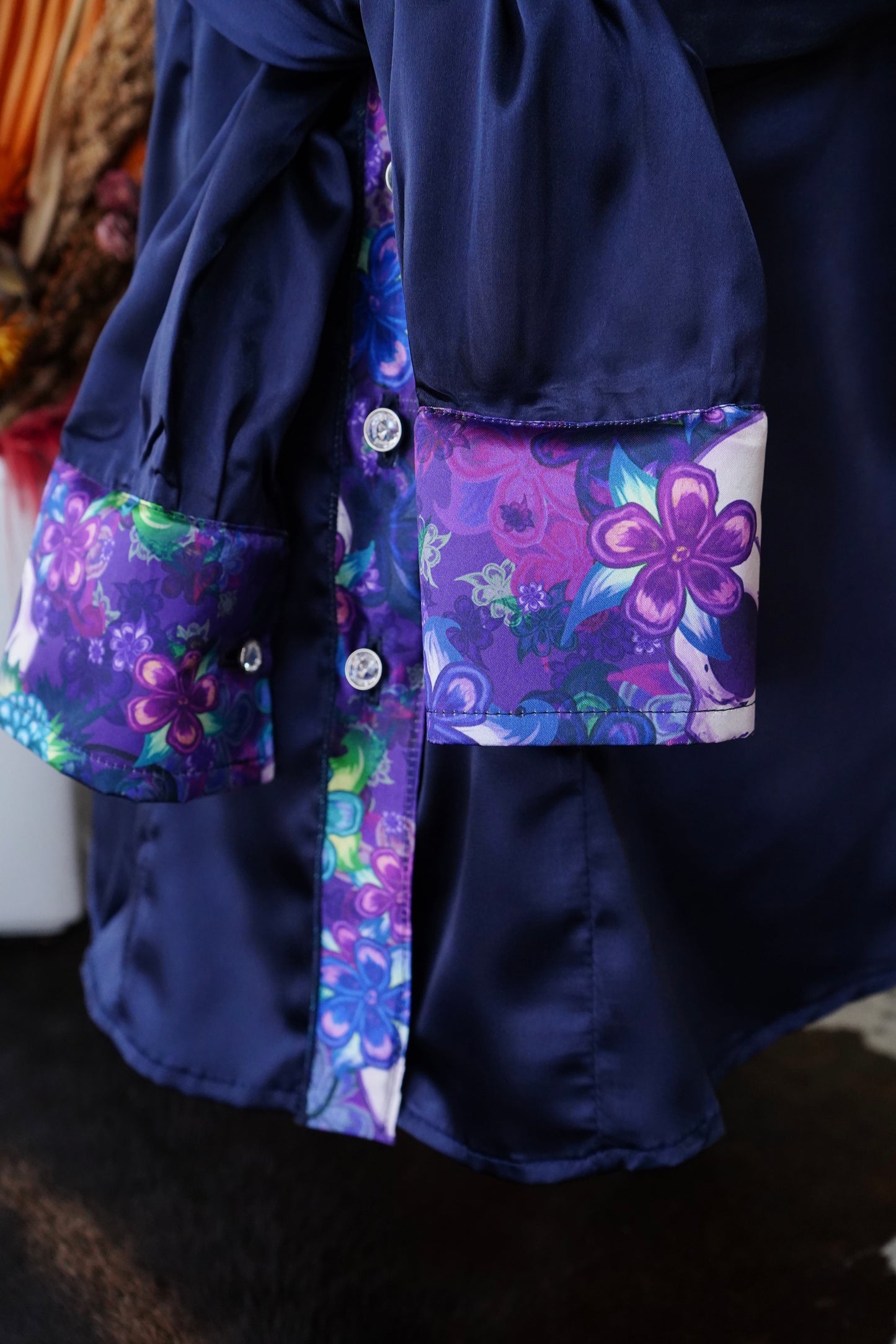 L - Navy Satin w/ Purple Floral Skulls Button Down
