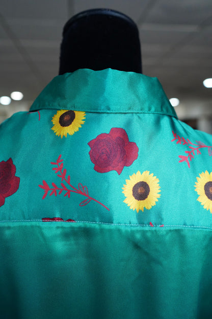 L - Roses & Sunflowers on Emerald Satin Button Down
