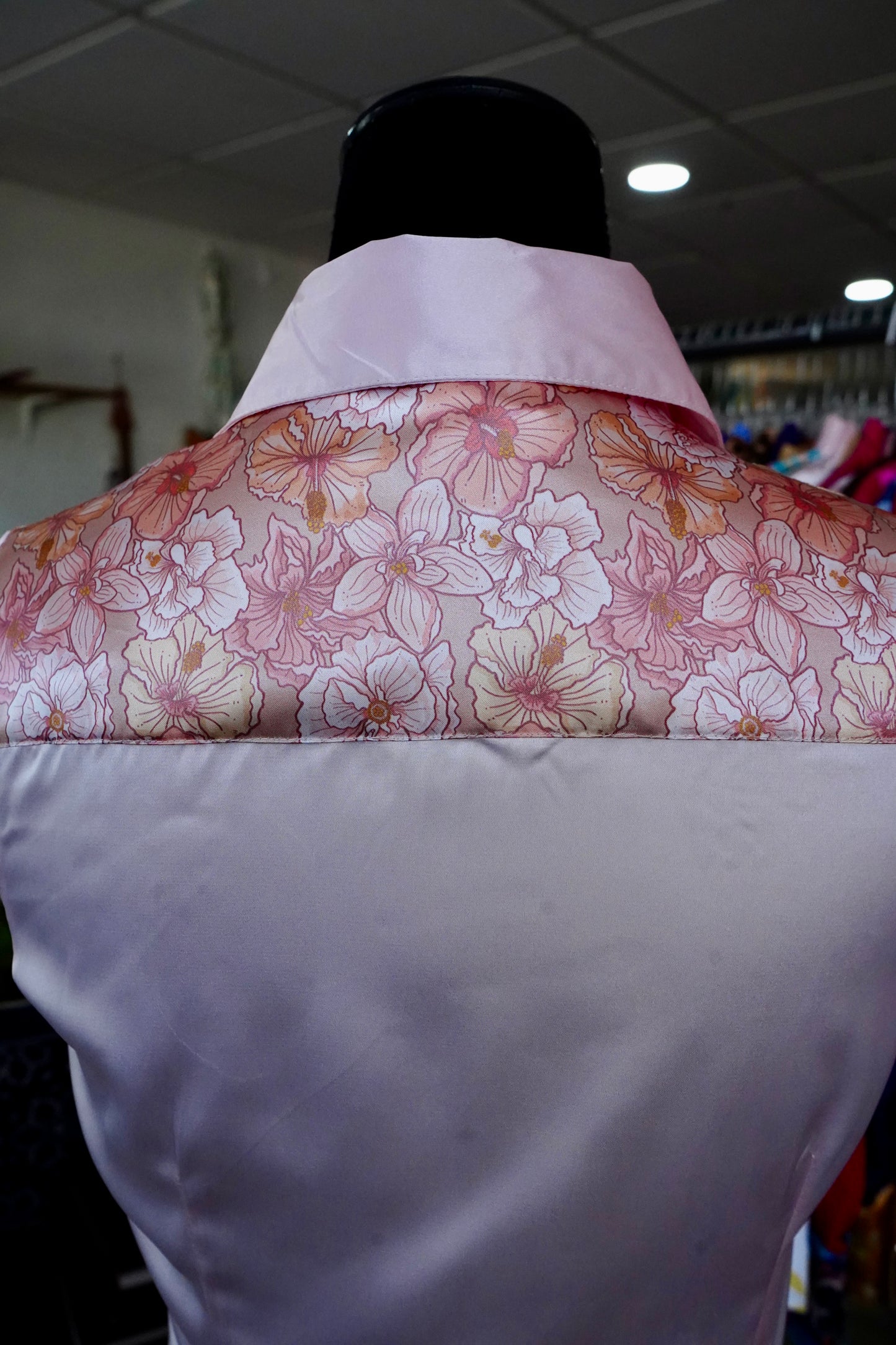 S - Pastel Hibiscus on Light Pink Satin Button Down