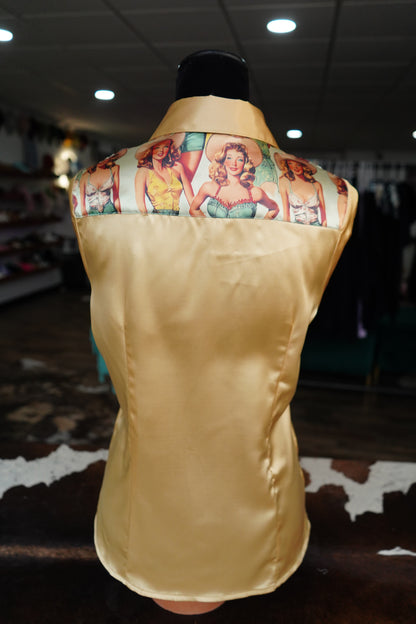 L - Sage Vintage Pinup Cowgals on Gold Satin Button Down