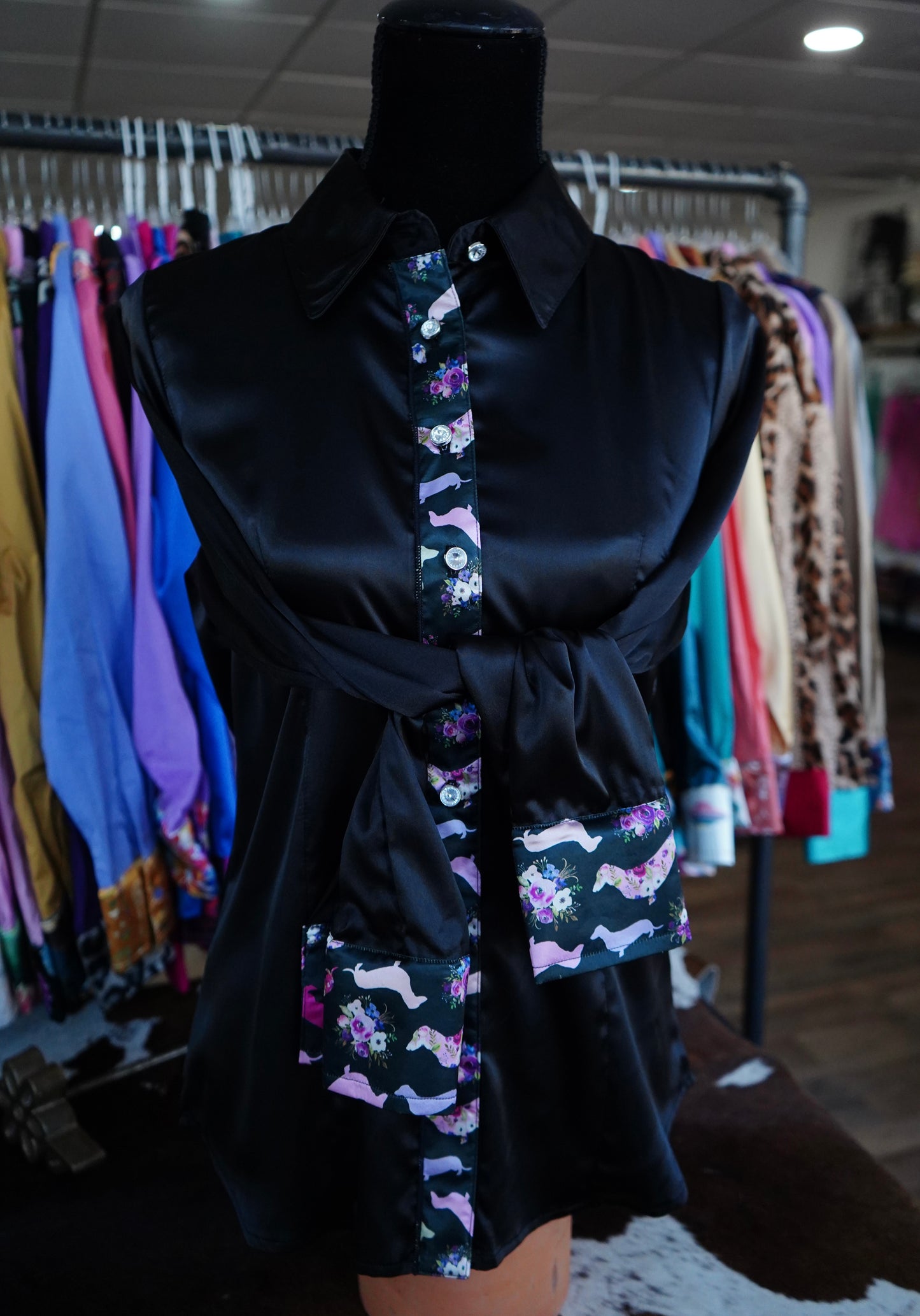 M - Floral Weenie Dogs on Black Satin Button Down