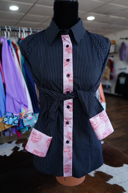 S - Not Today Satan on B/W Stripe Cotton Button Down