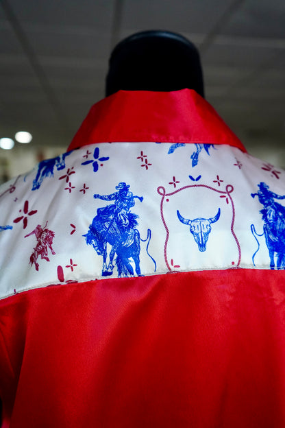 XL - Patriotic Buckers on Red Satin Button Down