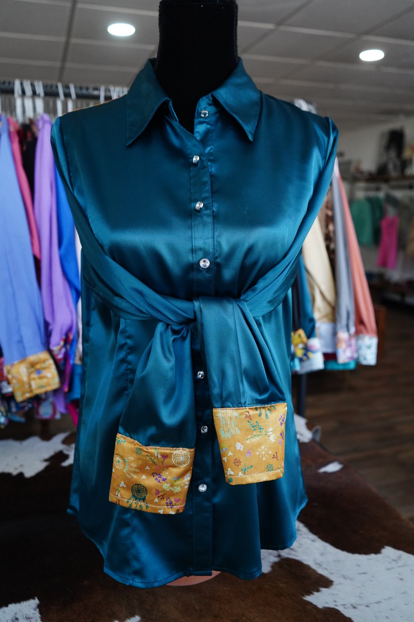 L - Mustard Dreamcatchers on Teal Satin Button Down
