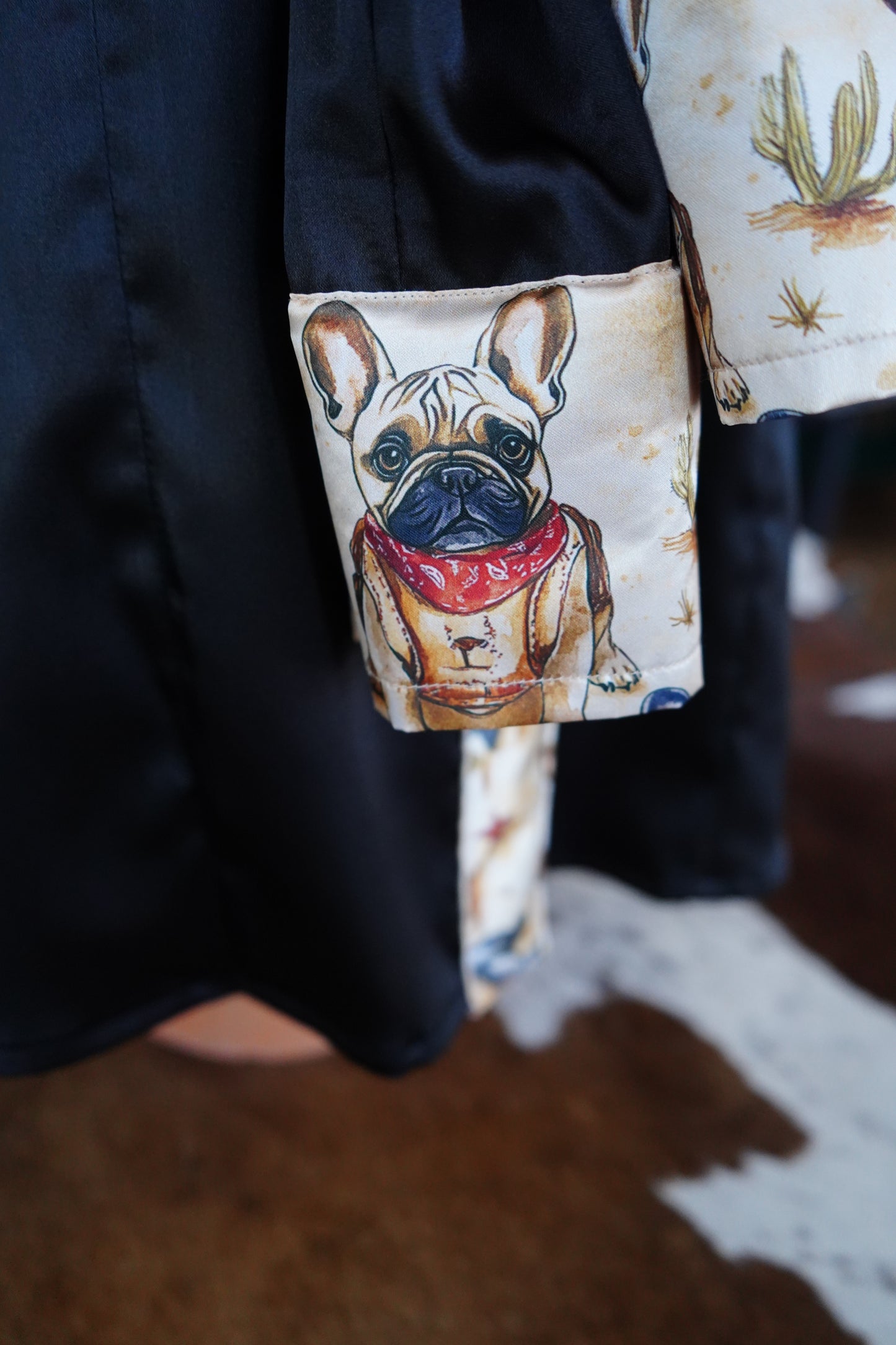 L - Cowboy Frenchies on Black Satin Button Down