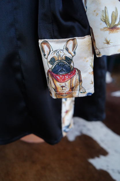 L - Cowboy Frenchies on Black Satin Button Down