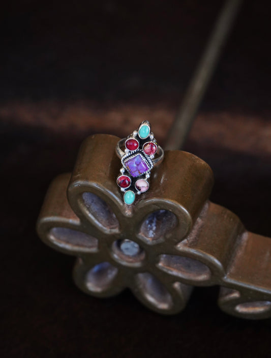 Turquoise & Dahlia Cluster Ring - Sz 7