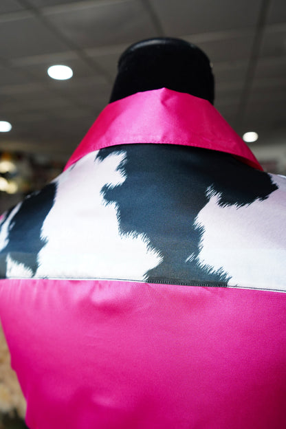 S - B/W Cow Print on Pink Satin Button Down