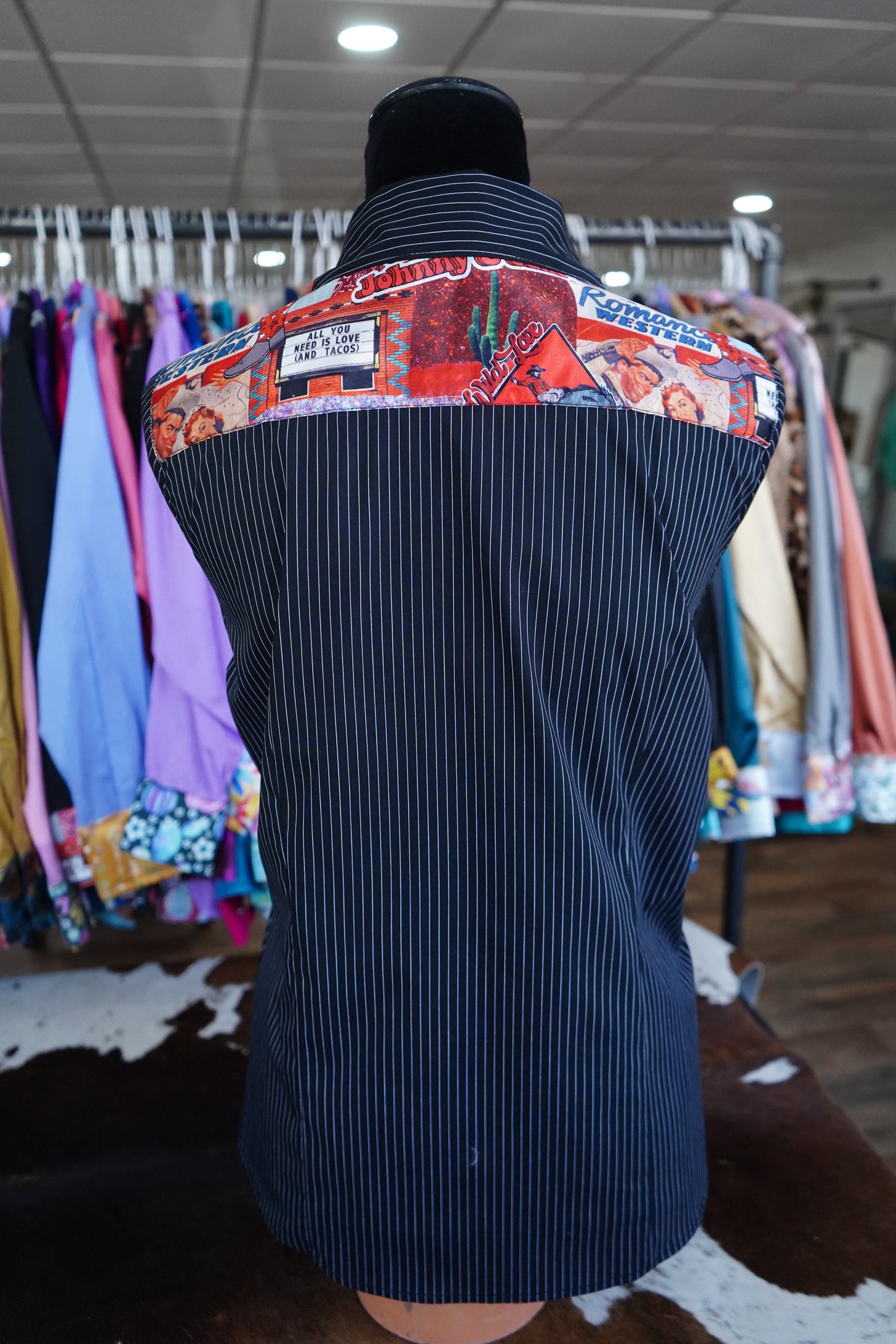 L - Cowboy Love on B/W Stripe Cotton Button Down