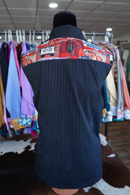 L - Cowboy Love on B/W Stripe Cotton Button Down