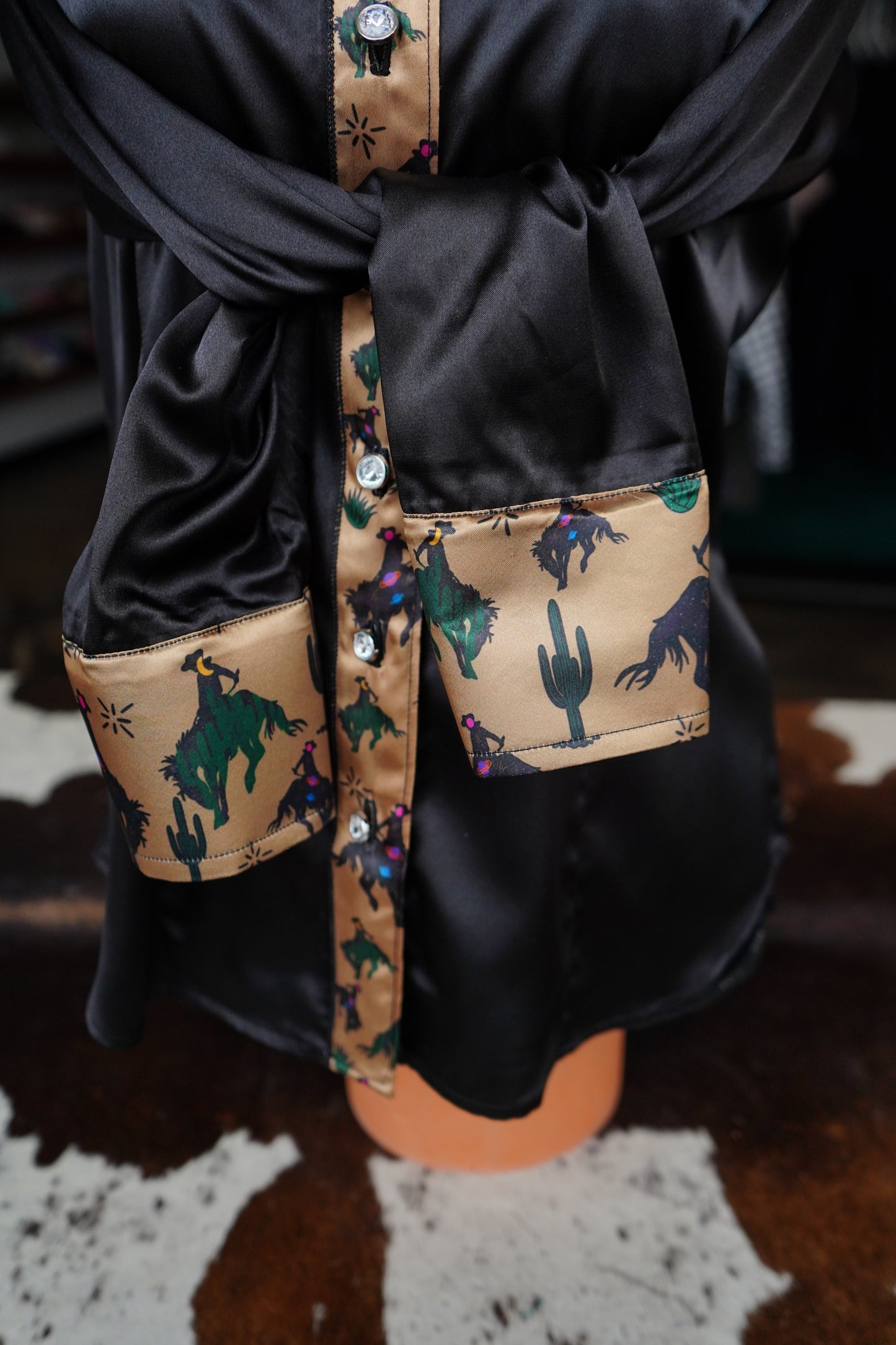 L - Space Cowboy on Black Satin Button Down