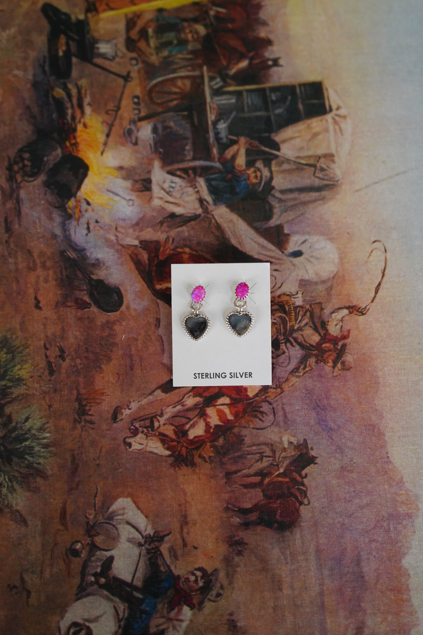 Pink Opal w/ Dangly Rope Heart Stud Earrings